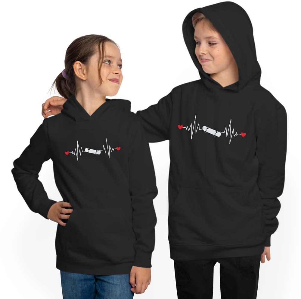 Skater Hoodie Hooded Sweater Kids - Skateboard with Heartbeat Line i528